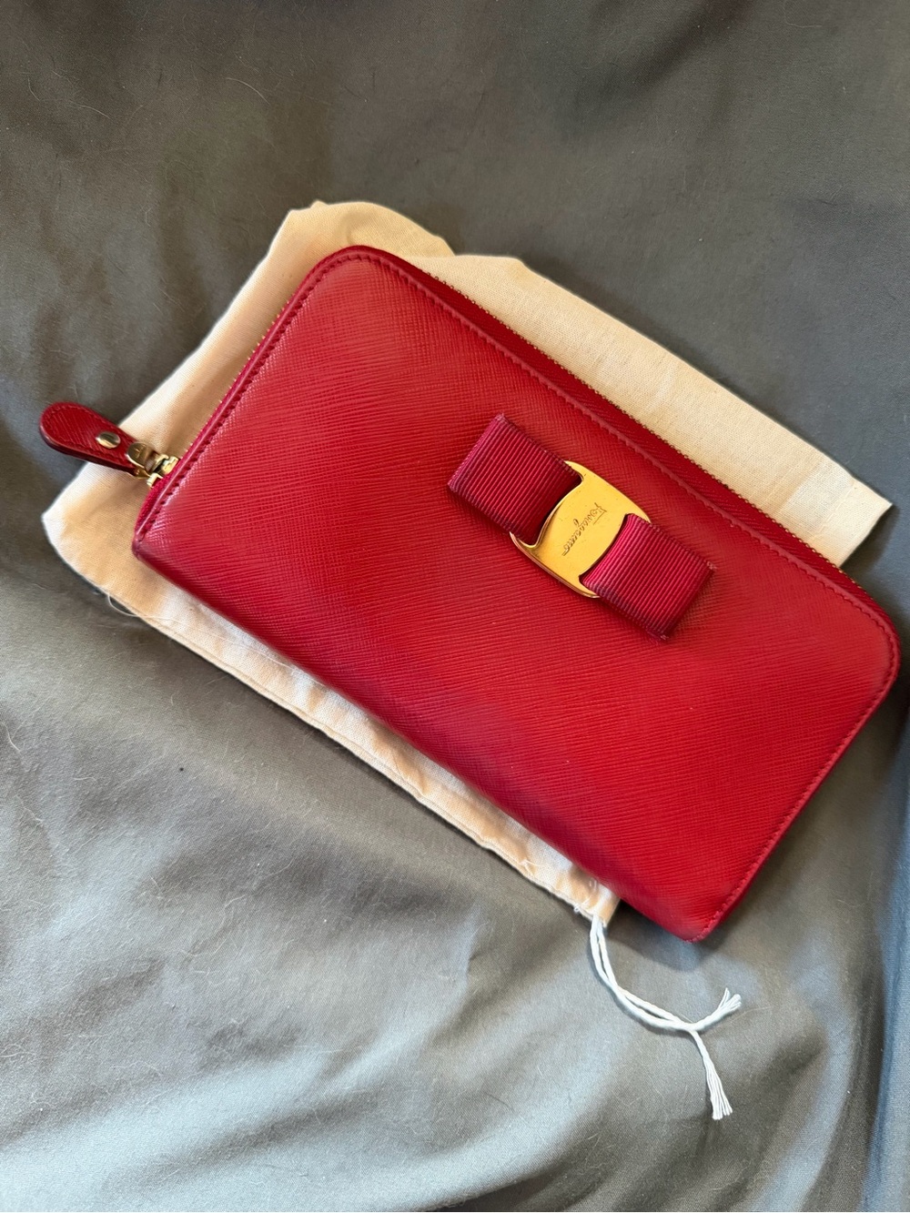 Salvatore Ferragamo Red Leather Zip Around Wallet with Vara Bow